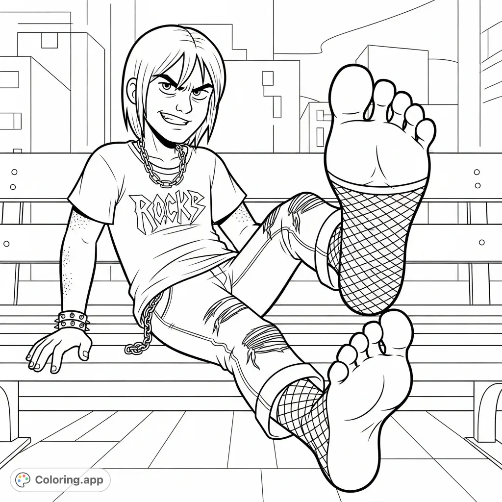 A young man with a unique expression sits casually on a city bench, sporting a rock band shirt, ripped jeans, and fishnets on his bare feet, highlighting his soles.