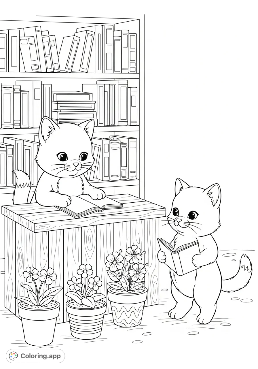 Discover a delightful kitten selling books to a fellow feline friend, surrounded by a detailed bookshelf and charming flower pots. A whimsical scene for all ages!