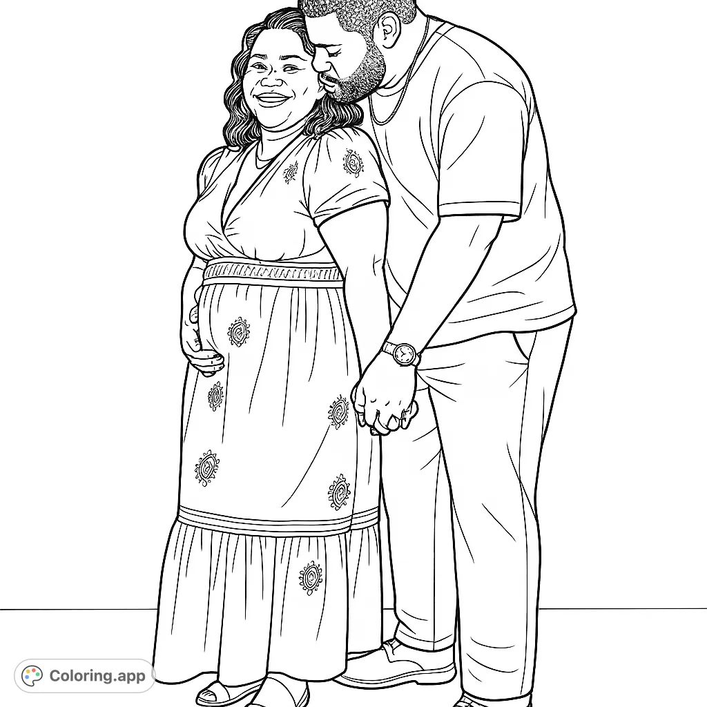 A heartwarming maternity embrace featuring a loving couple. This free printable pregnancy coloring page captures tender moments of anticipation, perfect for family coloring.