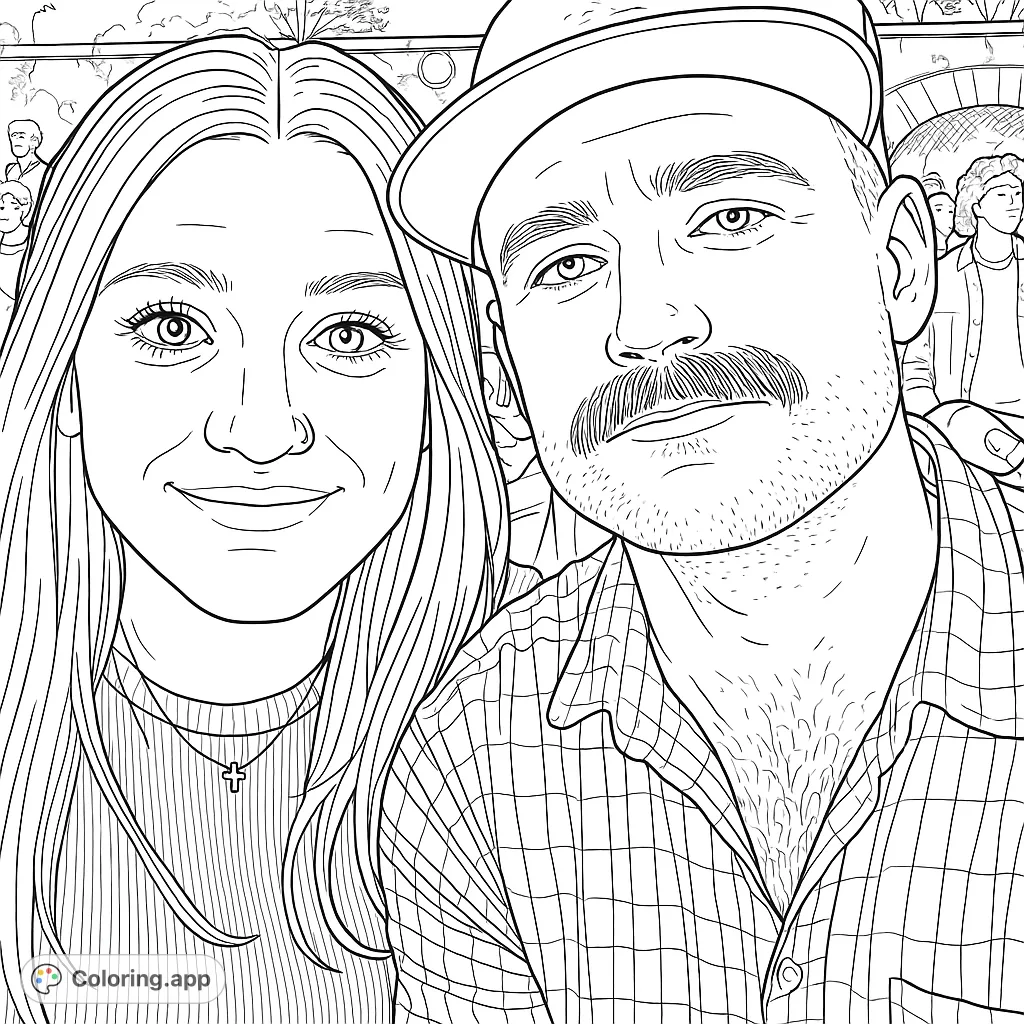 Capture a warm moment with this smiling couple. Detailed faces, casual attire, and a soft background make for a delightful coloring experience.