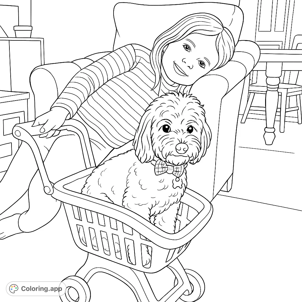 A heartwarming playtime scene featuring a child and their fluffy dog in a toy shopping cart. Perfect for a free printable coloring page.
