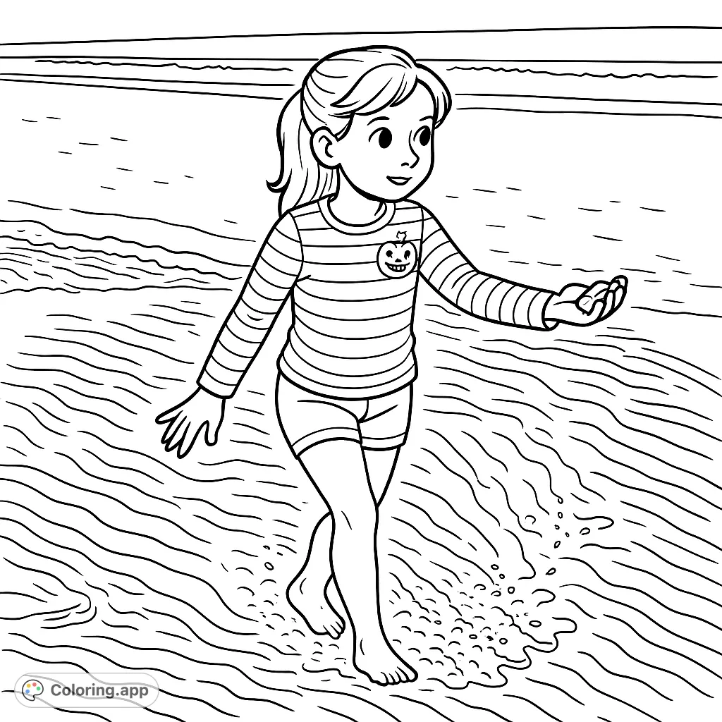 A delightful scene of a child in a striped shirt with a pumpkin emblem, exploring the shallow waters of a sandy beach under a bright sky. Perfect for young adventurers.