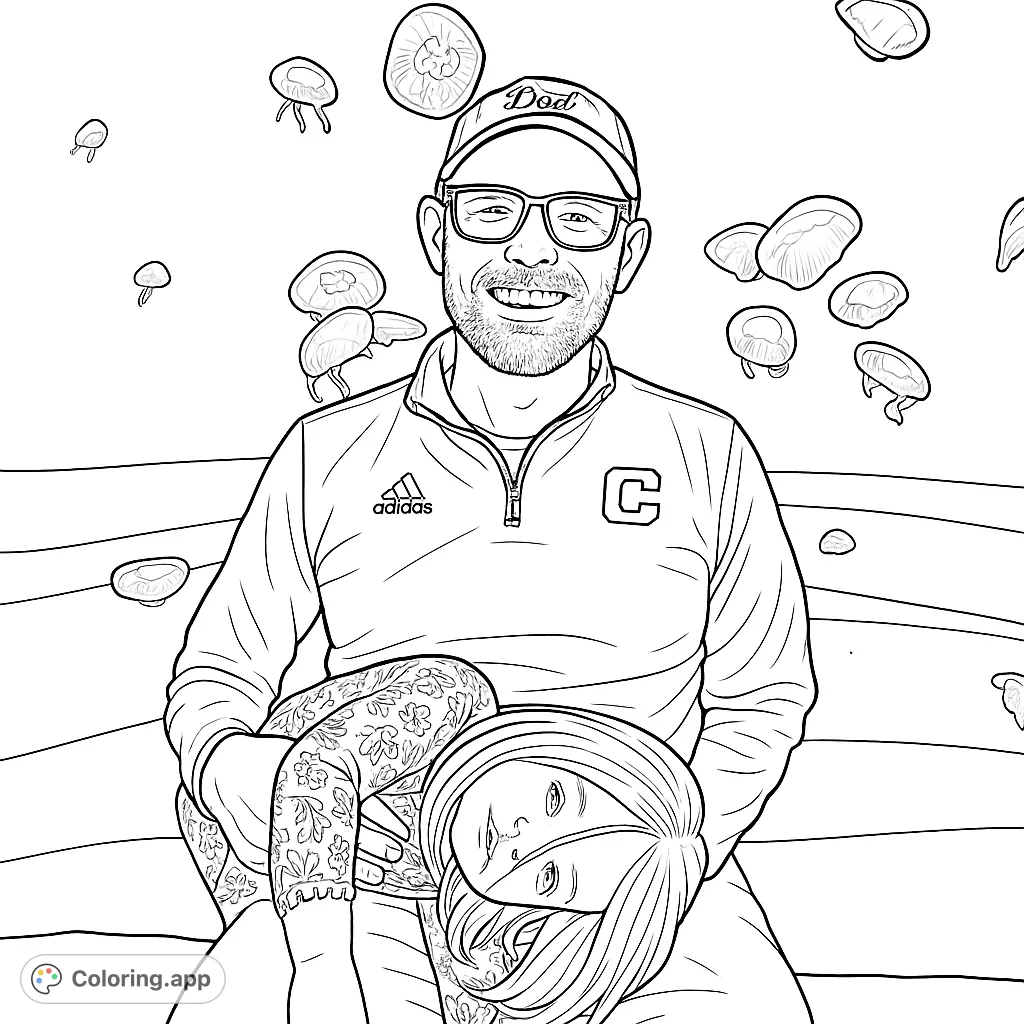 Join a father and daughter in a captivating aquarium scene surrounded by graceful jellyfish. A heartwarming family moment perfect for creative expression.