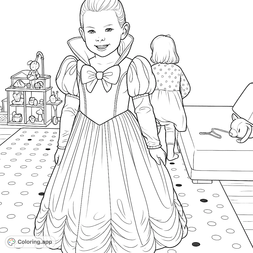 A delightful princess dress-up coloring page featuring a child in an elaborate gown with ruffles and a playroom background, perfect for creative expression.