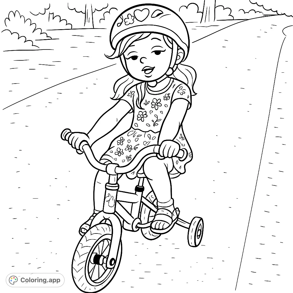 A cheerful child in a helmet, ready for adventure on her first bicycle with training wheels. A cartoony style free printable coloring page for kids.