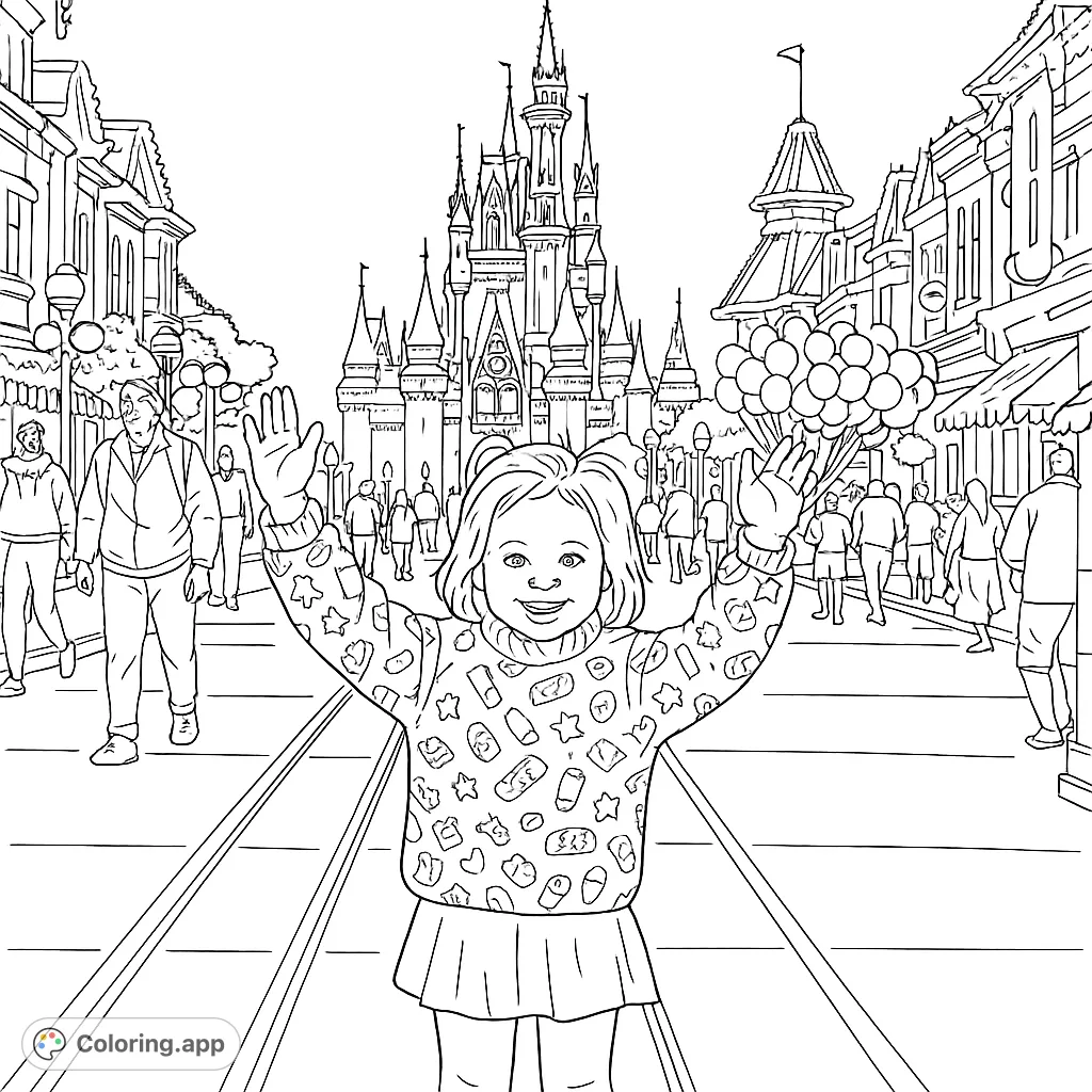 A joyful child with arms open, standing on a lively theme park street leading to a grand castle. Perfect for capturing a magical adventure.