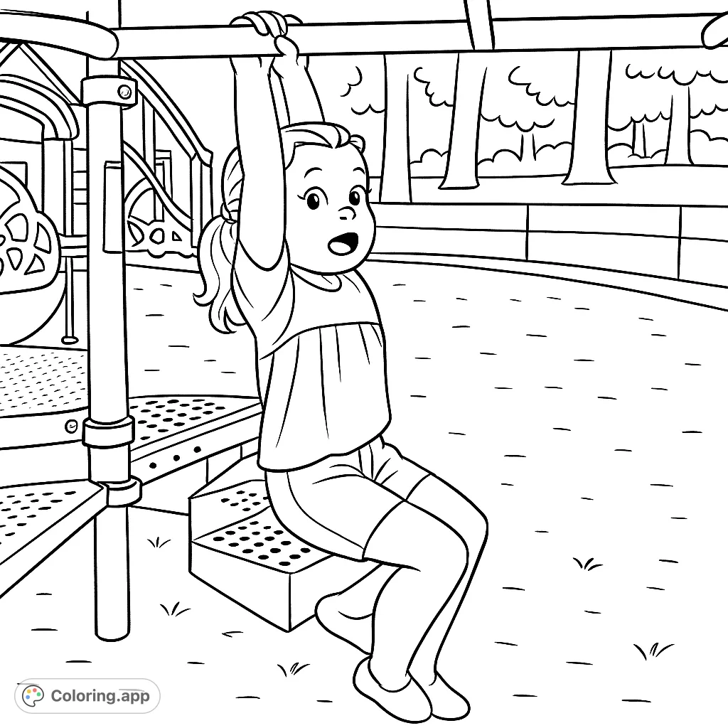 A lively playground coloring page featuring a child gleefully hanging from monkey bars. Perfect for young artists to bring to life with imagination and skill.