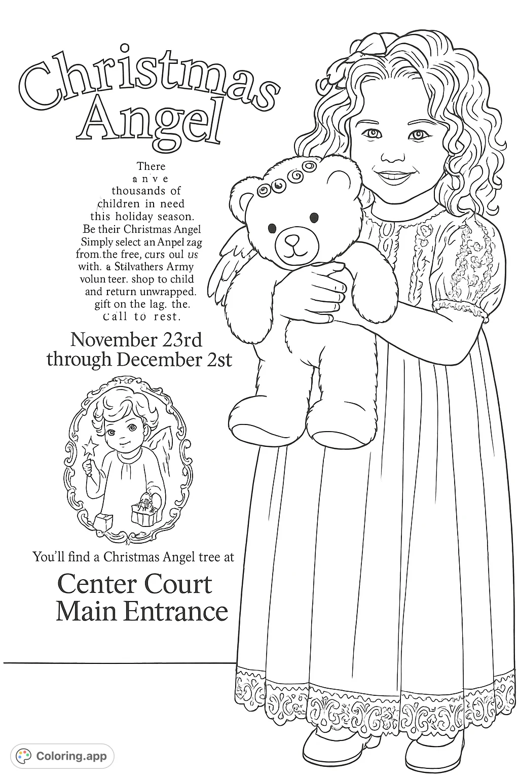 A heartwarming coloring page featuring an angelic child embracing a fluffy teddy bear, with a sweet illustrated angel nearby, perfect for holiday creativity.