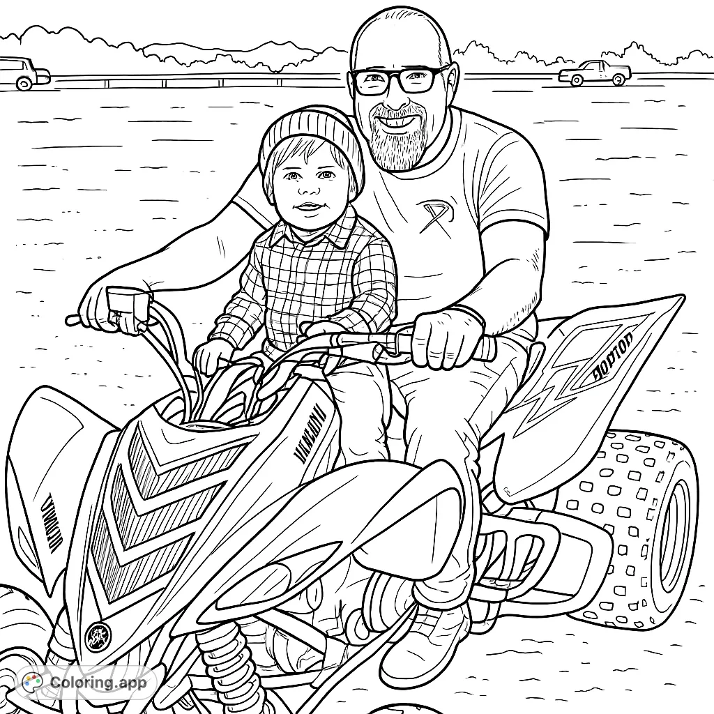 An adventurous father and son enjoy an off-road ride on a powerful ATV, set against a vast desert landscape. Perfect for family fun.