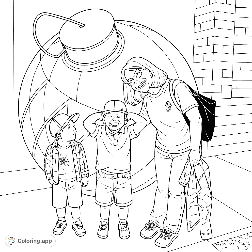 A cheerful family moment featuring a giant, multi-faceted ornament, an adult, and two smiling boys. Perfect for holiday spirit and creative expression.
