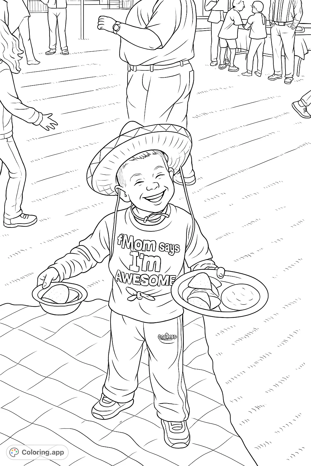 A joyful child in a festive sombrero holds delicious snacks, ready for a fun picnic. This free printable coloring page captures a happy, celebratory moment.