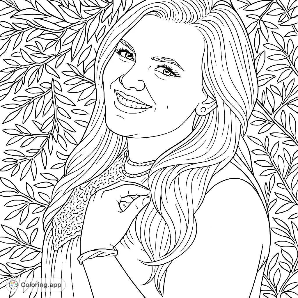 A captivating portrait of a smiling woman with flowing hair and intricate top, set against a leafy background, perfect for personalizing.