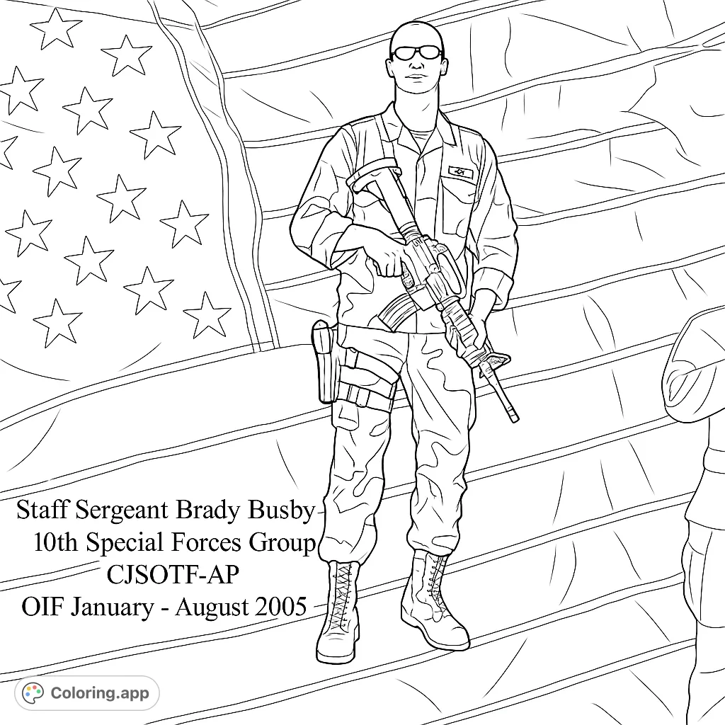 Honor a soldier's dedication with this detailed coloring page featuring a uniformed figure, his rifle, and a bold flag background with an eagle motif.