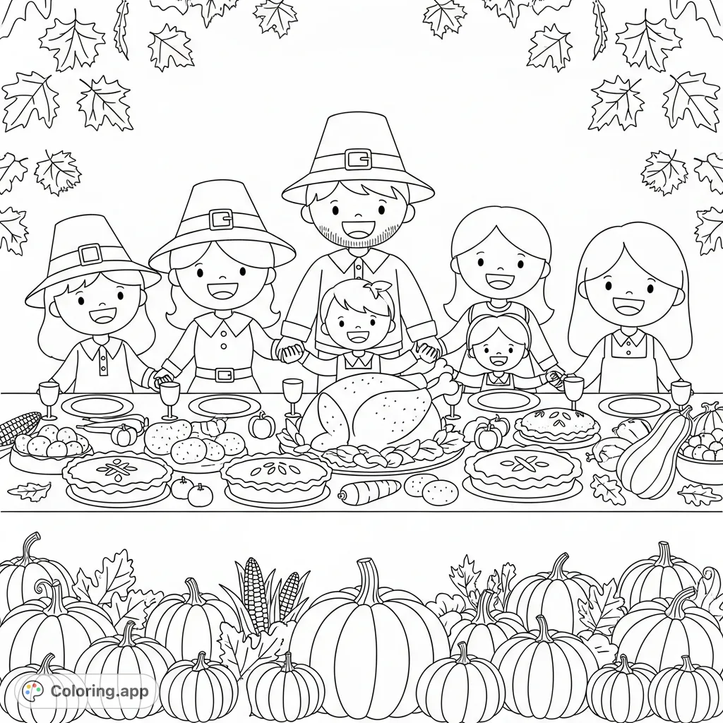 A heartwarming Thanksgiving coloring page featuring a happy family, a grand feast with turkey and pies, surrounded by pumpkins and autumn leaves, celebrating gratitude.