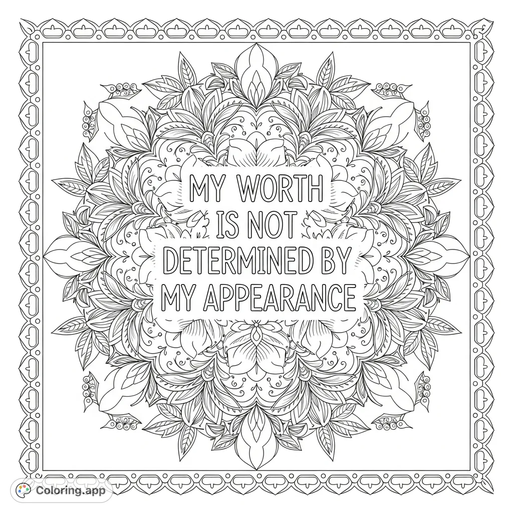 A mindful affirmation coloring page featuring "My worth is not determined by my appearance," surrounded by intricate floral mandala patterns. Find calm.