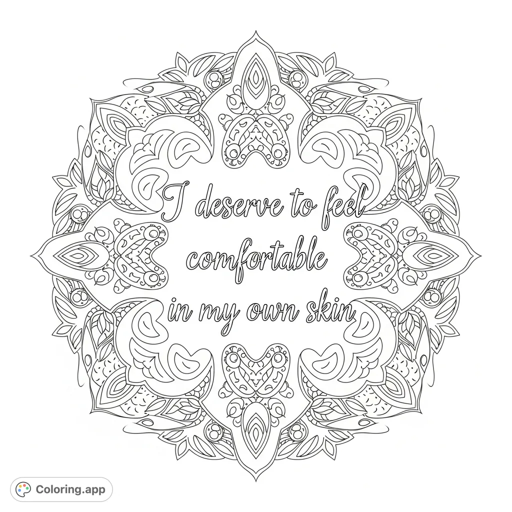 A mindful coloring page featuring the affirmation, "I deserve to feel comfortable in my own skin," surrounded by intricate floral and mandala patterns, promoting peace.