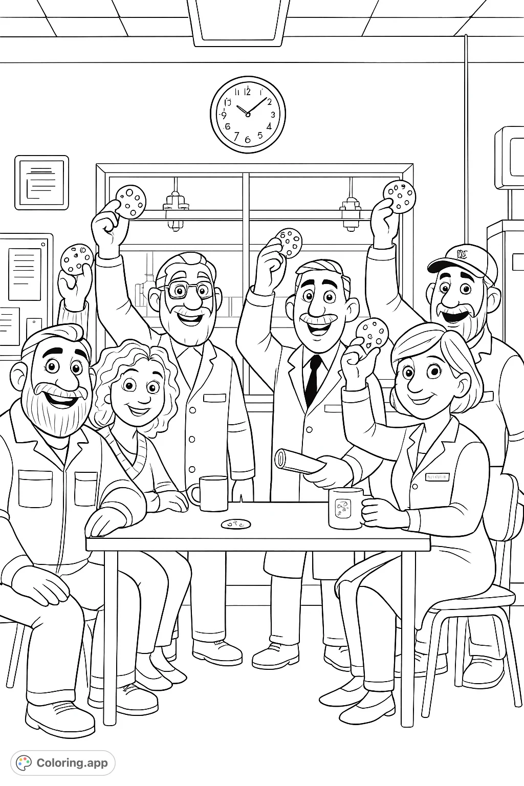 Join a joyful workplace celebration! A happy group of professionals hold delicious cookies, offering a cheerful and engaging coloring experience for all.