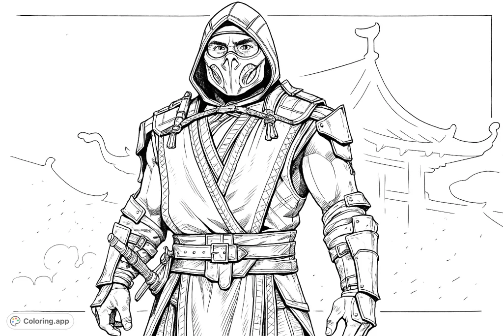 Immerse yourself in the world of martial arts with this detailed coloring page of a formidable hooded warrior in battle attire. Perfect for fans of action and intricate designs.
