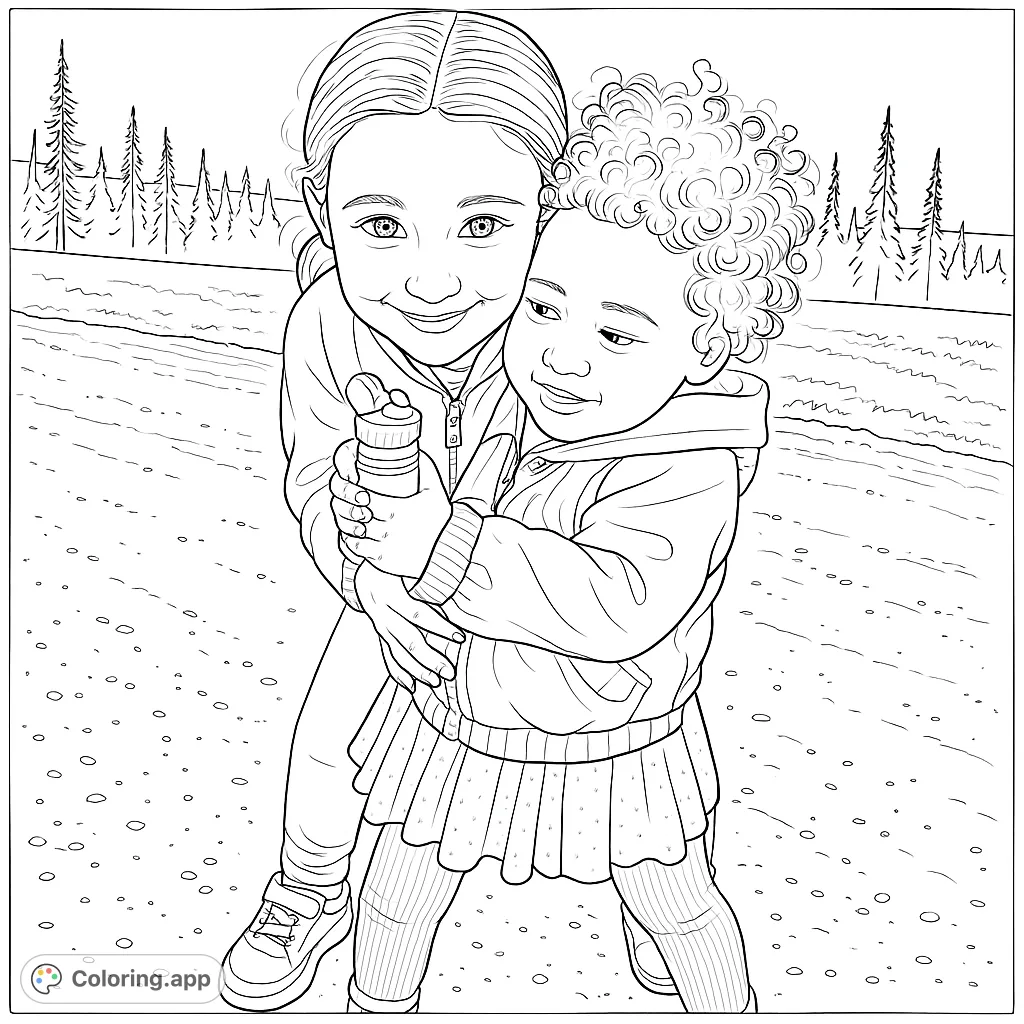 A heartwarming coloring page featuring two smiling children hugging amidst a scenic outdoor landscape, celebrating friendship and joy.