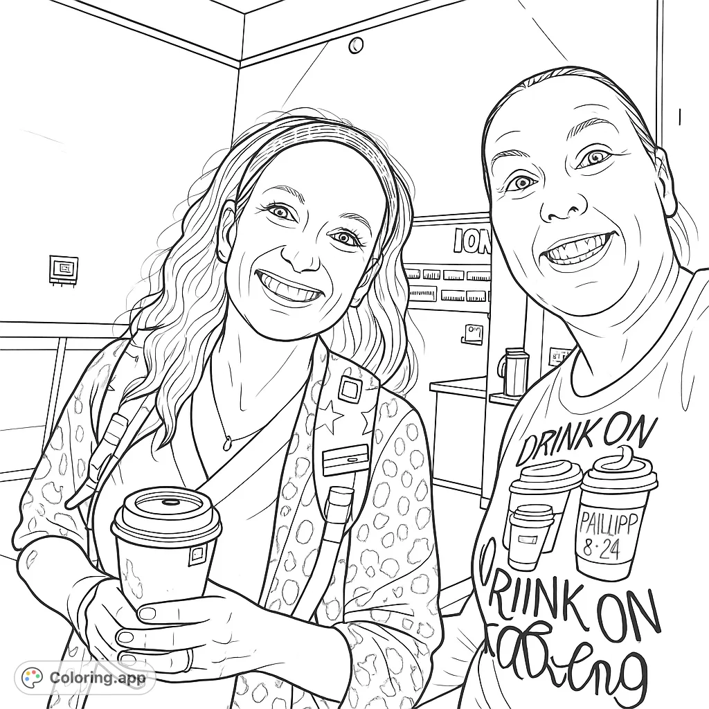 Capture a moment of joy with two smiling women in a friendly portrait. Features detailed clothing patterns, a coffee cup, and a cozy indoor setting. Perfect for expressive coloring.