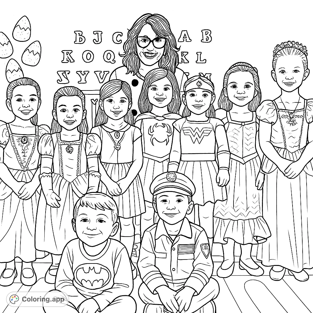 A cheerful group of children and an adult in a variety of imaginative costumes, including princesses, superheroes, a mermaid, and a police officer, posing together.