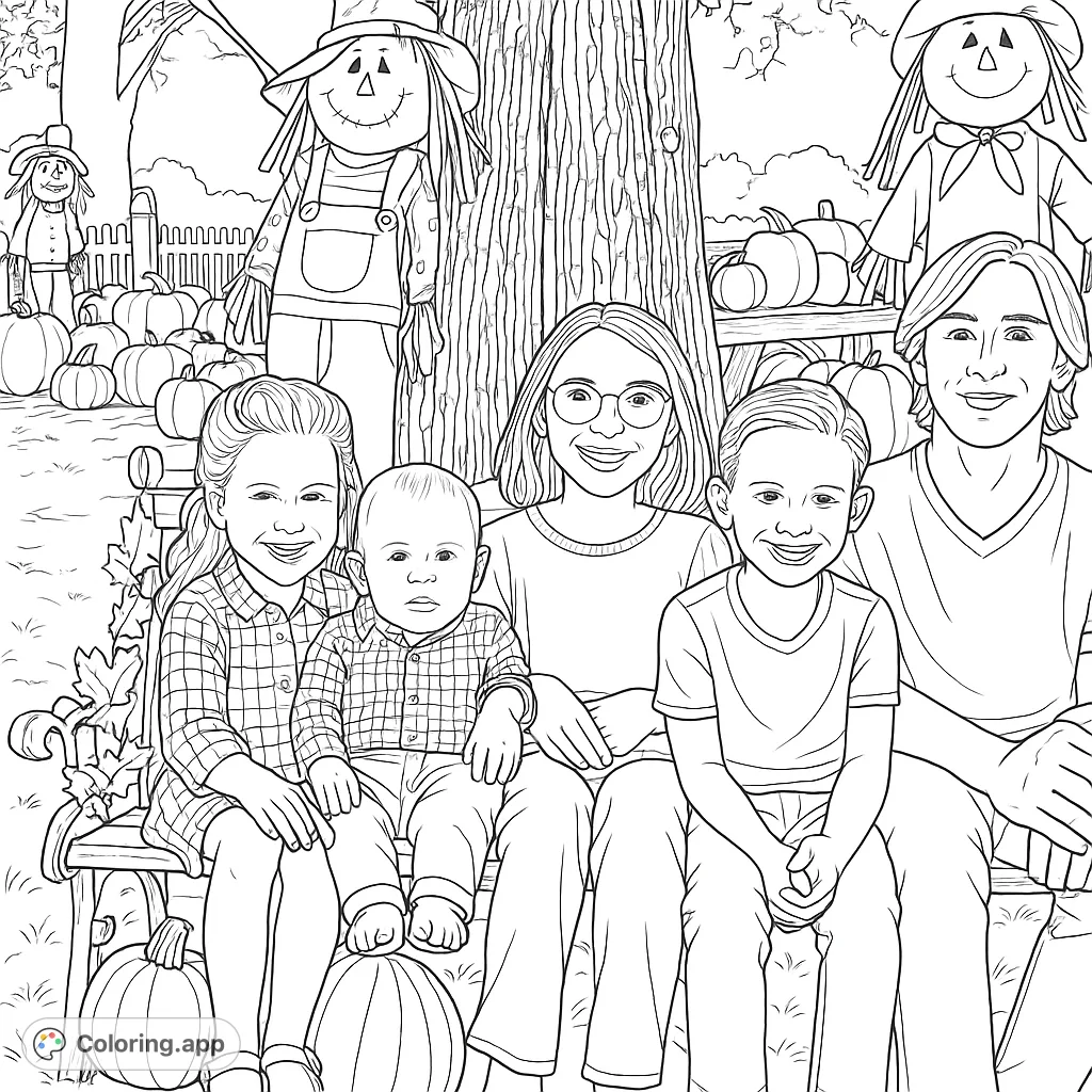 Gather around for a heartwarming autumn family pumpkin patch coloring page, featuring five smiling individuals amidst festive fall decor and scarecrows.