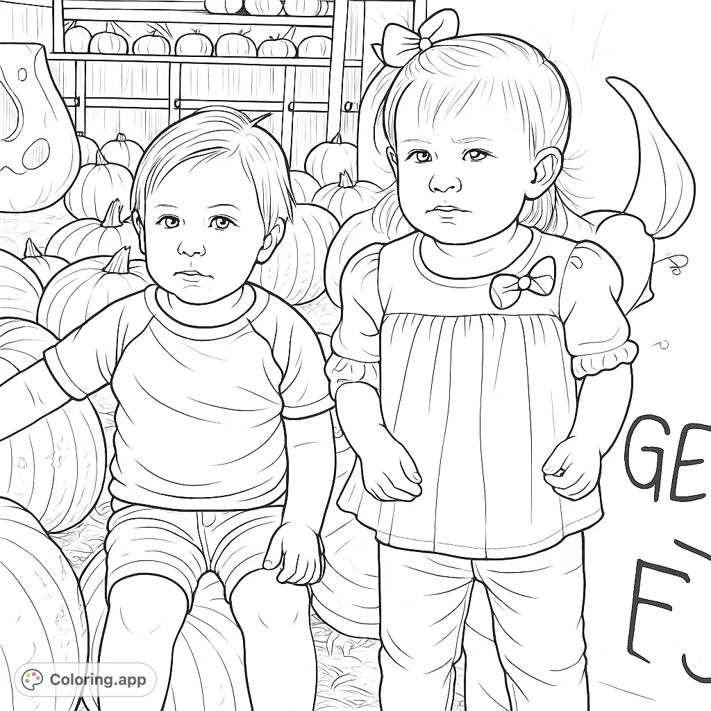 Capture the joy of autumn with this detailed pumpkin patch coloring page featuring two adorable children surrounded by a bountiful harvest of gourds.