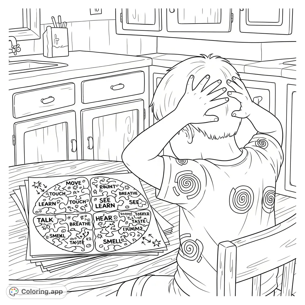 A focused young boy ponders a detailed human brain diagram with labeled functions. This free printable anatomy coloring page is perfect for curious minds.
