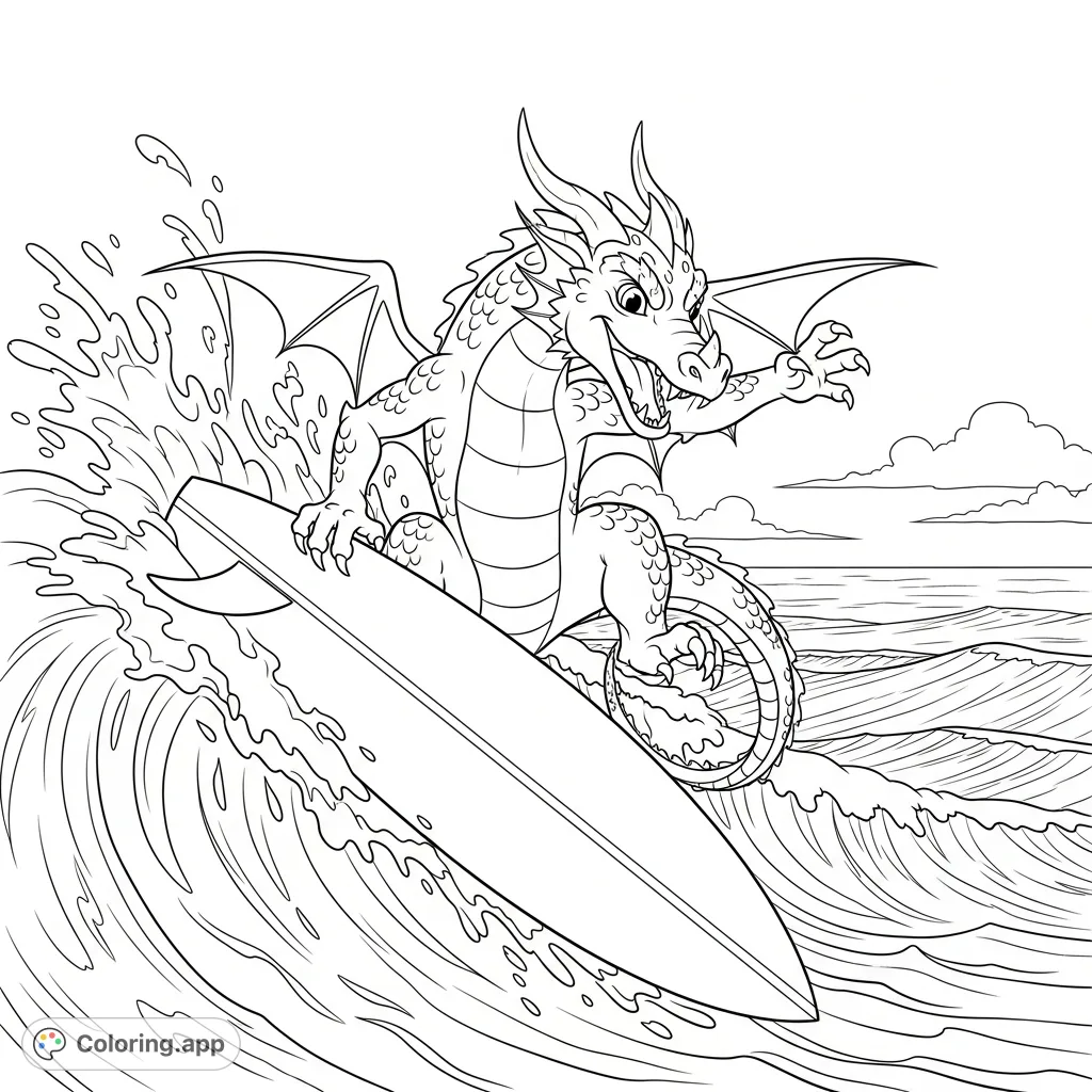 Catch a wave with this playful dragon surfing coloring page! Dynamic poses, ocean splashes, and a joyful dragon await your creative touch.