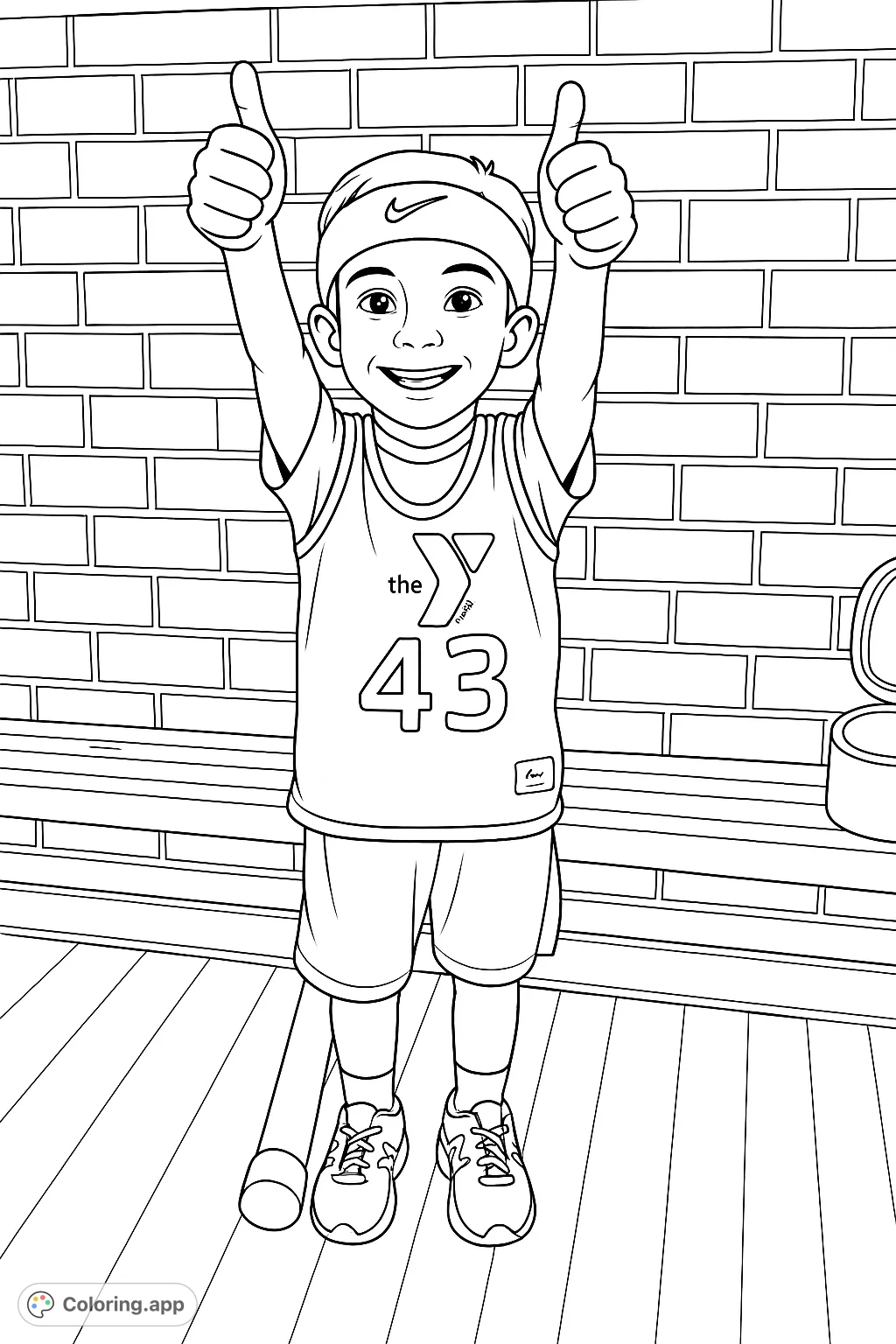 Capture the spirit of success with this young athlete coloring page. A child gives a triumphant thumbs-up, perfect for inspiring joy and confidence.
