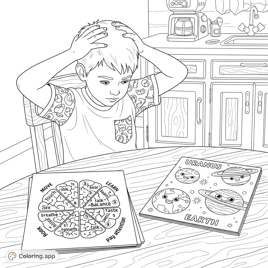 Explore the human brain and celestial wonders with a young boy at a study table. Featuring a detailed brain diagram and planets.