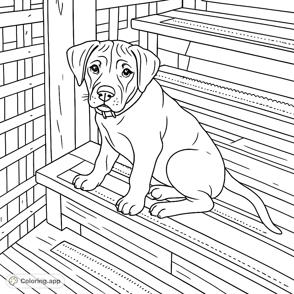An endearing puppy with a soft gaze sits patiently on wooden steps, featuring a distinct muzzle pattern and large paws, surrounded by a rustic fence and foliage.