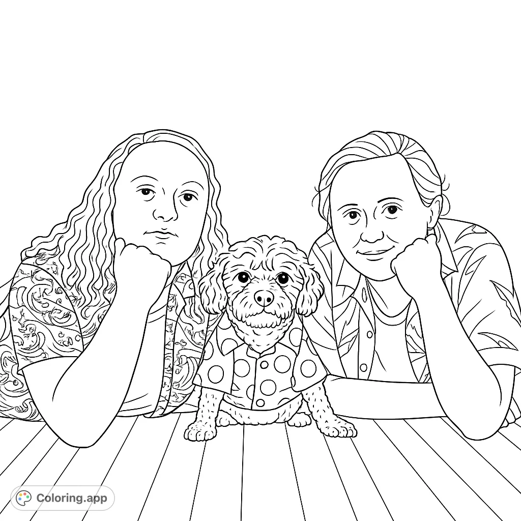 Capture a heartwarming family moment with this intricate coloring page featuring two individuals and their charming dog, all smiling together.