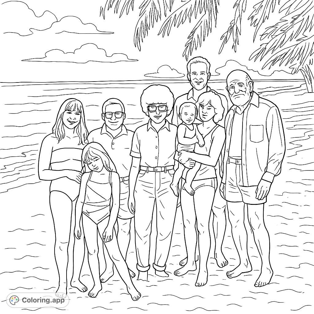 A joyful family group, including adults and children, gathers on a sun-drenched beach with the ocean behind them. Capture happy memories by coloring this scene.