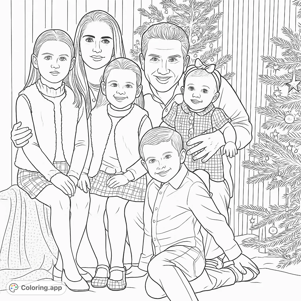 Capture the warmth of a family gathering with this detailed festive portrait coloring page, featuring adults, children, and an infant by decorated trees.