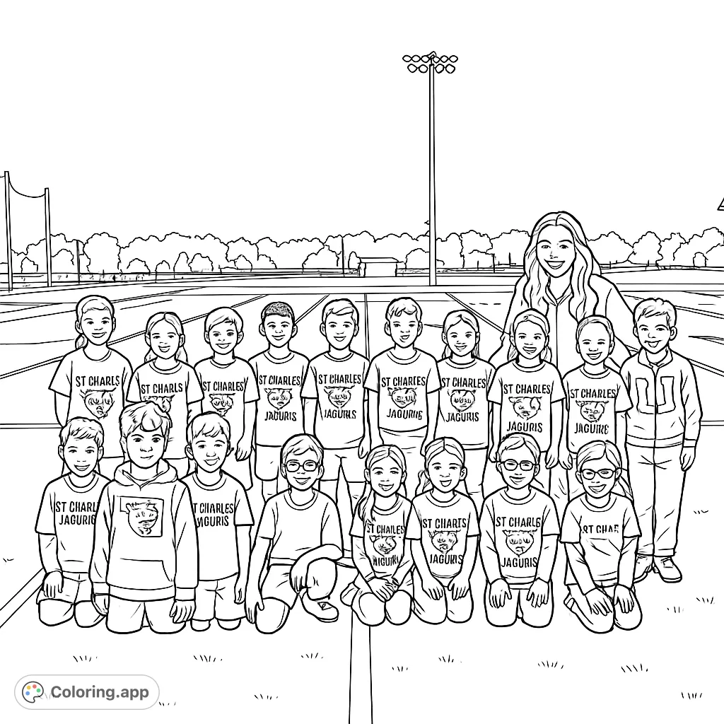 A joyful group of children and an adult pose on a sports field. Perfect for coloring, this scene captures team spirit and outdoor fun!