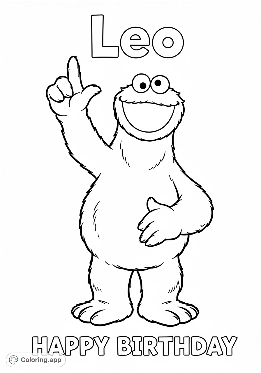 Celebrate with Cookie Monster! This fun coloring page features Cookie Monster holding an 'L' with 'Leo' and 'Happy Birthday' text, perfect for celebrations.