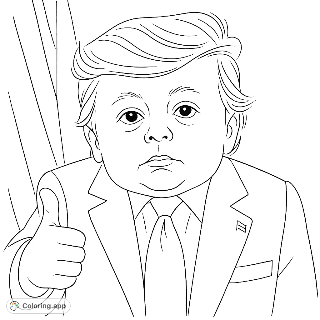 An imaginative coloring page featuring an infant-like figure in a suit giving a thumbs-up gesture, against a backdrop of patriotic symbolism. Perfect for unique artistic expression.