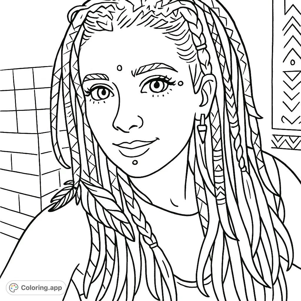 Dive into this whimsical dreadlocks woman coloring page, featuring playful details and geometric patterns. A free printable coloring page for creative fun and relaxation.