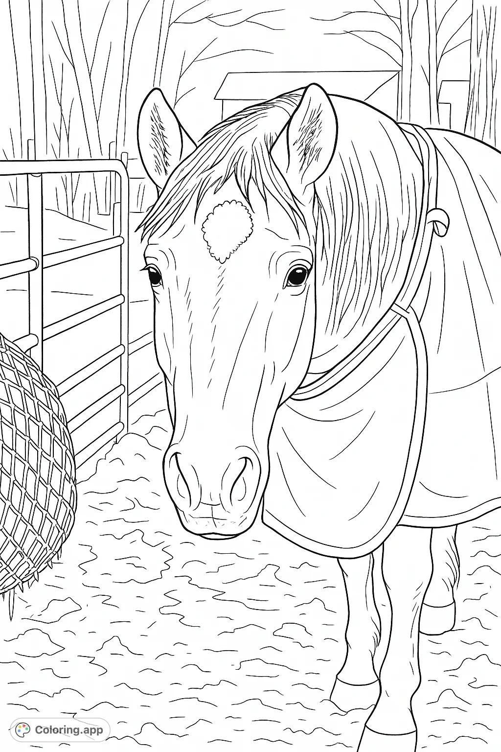 Color this captivating horse portrait, featuring a gentle equine gazing forward, partially covered by a blanket, set against a winter backdrop with a fence and hay net.