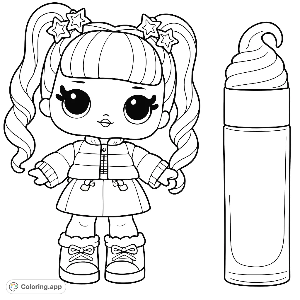 A charming doll with elaborate pigtails and a shimmering outfit, accompanied by a swirl-top bottle, perfect for imaginative coloring fun.