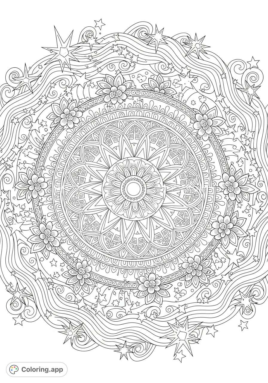 Discover a serene mandala coloring page featuring a large, intricate central design, radiating lines, delicate flowers, dynamic ocean waves, and scattered star clusters.