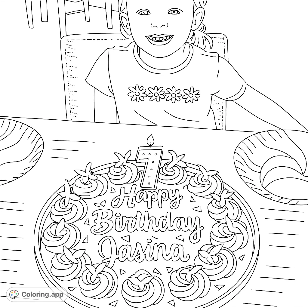 Celebrate a special birthday with this festive coloring page featuring a smiling girl, a delicious cookie cake with mermaid tails, and a number seven candle.