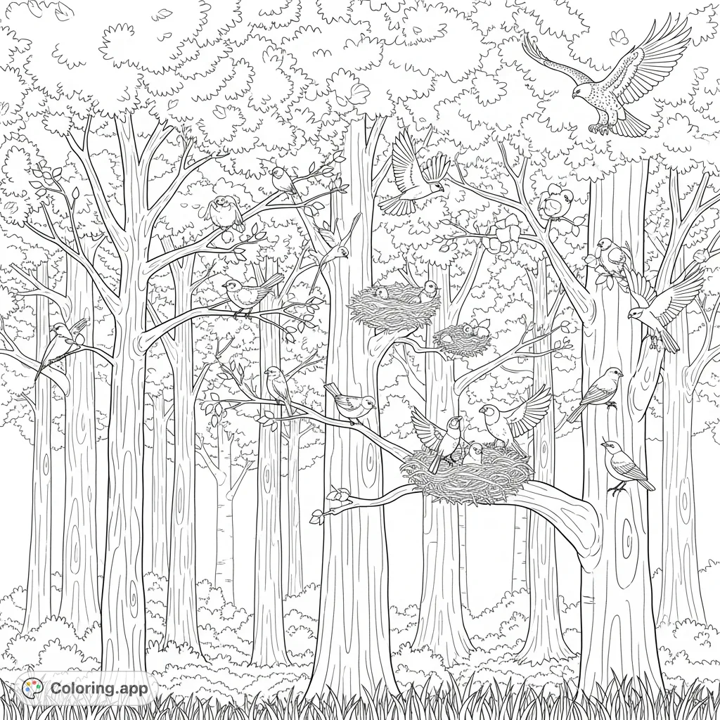 Explore a serene forest teeming with life! This intricate coloring page features twenty small birds, cozy nests, and a majestic hawk soaring above the trees.