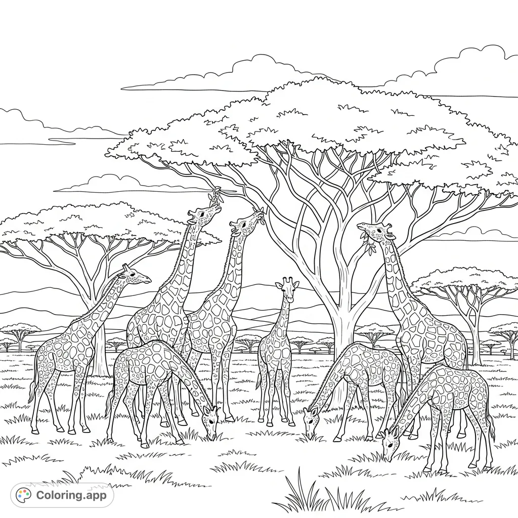 A captivating giraffe coloring page featuring ten giraffes with varied neck lengths browsing trees on an expansive savannah, perfect for animal lovers.
