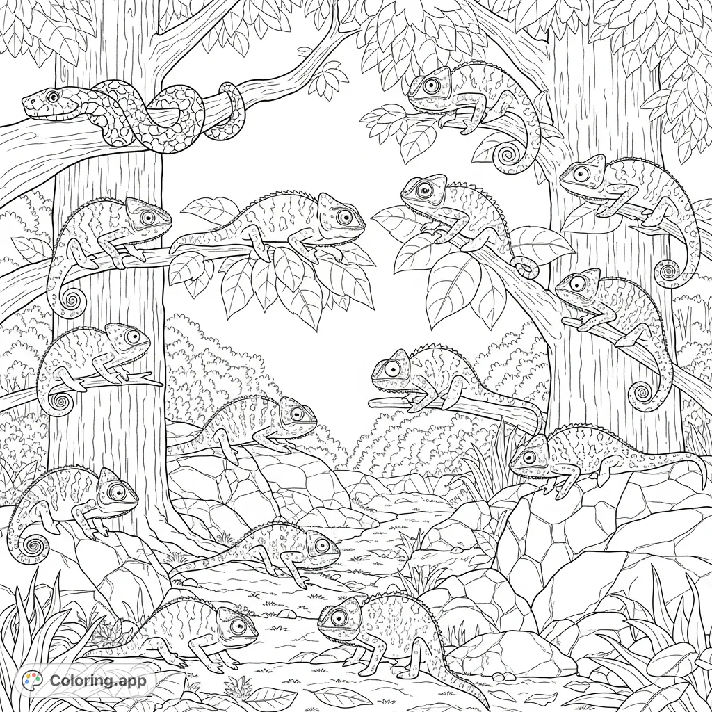 An intricate rainforest coloring page featuring ten chameleons expertly camouflaged on trees, rocks, and ground, with a snake observing from a high branch.