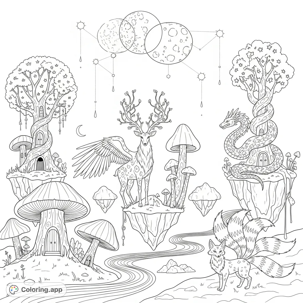 Explore a mesmerizing, dreamlike landscape featuring mystical creatures like a winged stag, serpent-dragon, and multi-tailed fox amidst surreal terrain and celestial bodies.