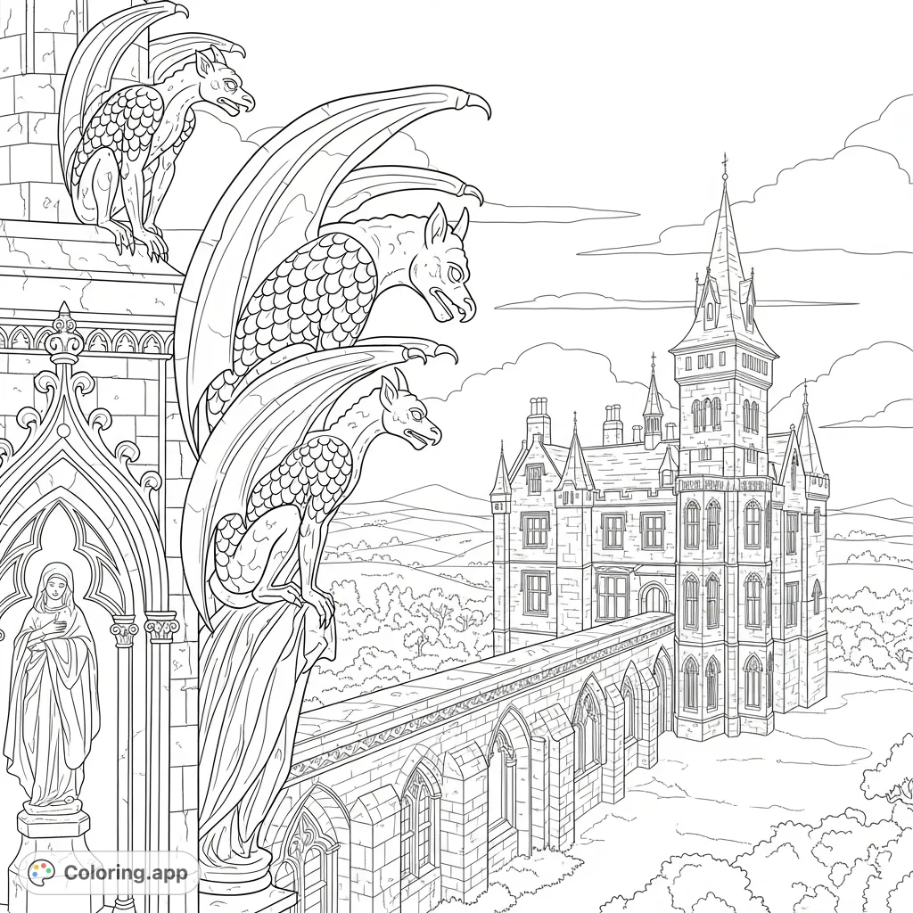 An intricate Gothic manor with detailed gargoyles perched on a stone statue, set against the Scottish countryside. Perfect for detailed coloring!