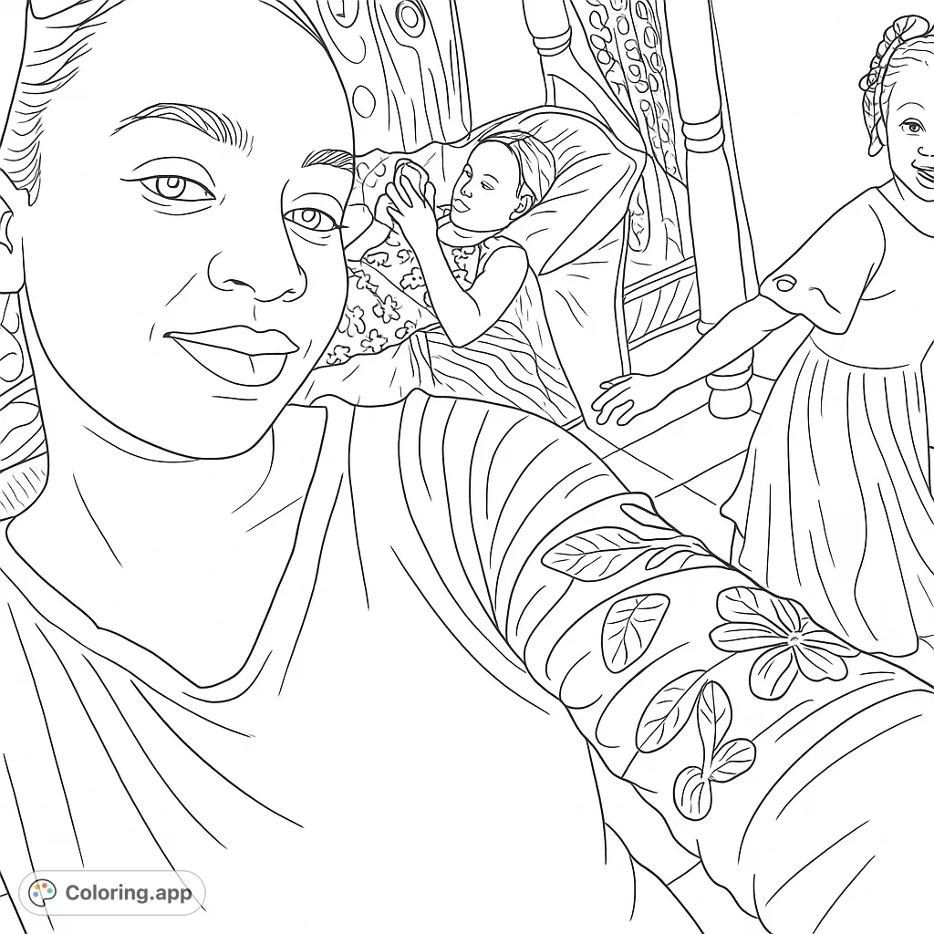 A heartfelt family scene featuring three individuals in an indoor setting. Capture the essence of connection and patterned comfort in this free printable coloring page.