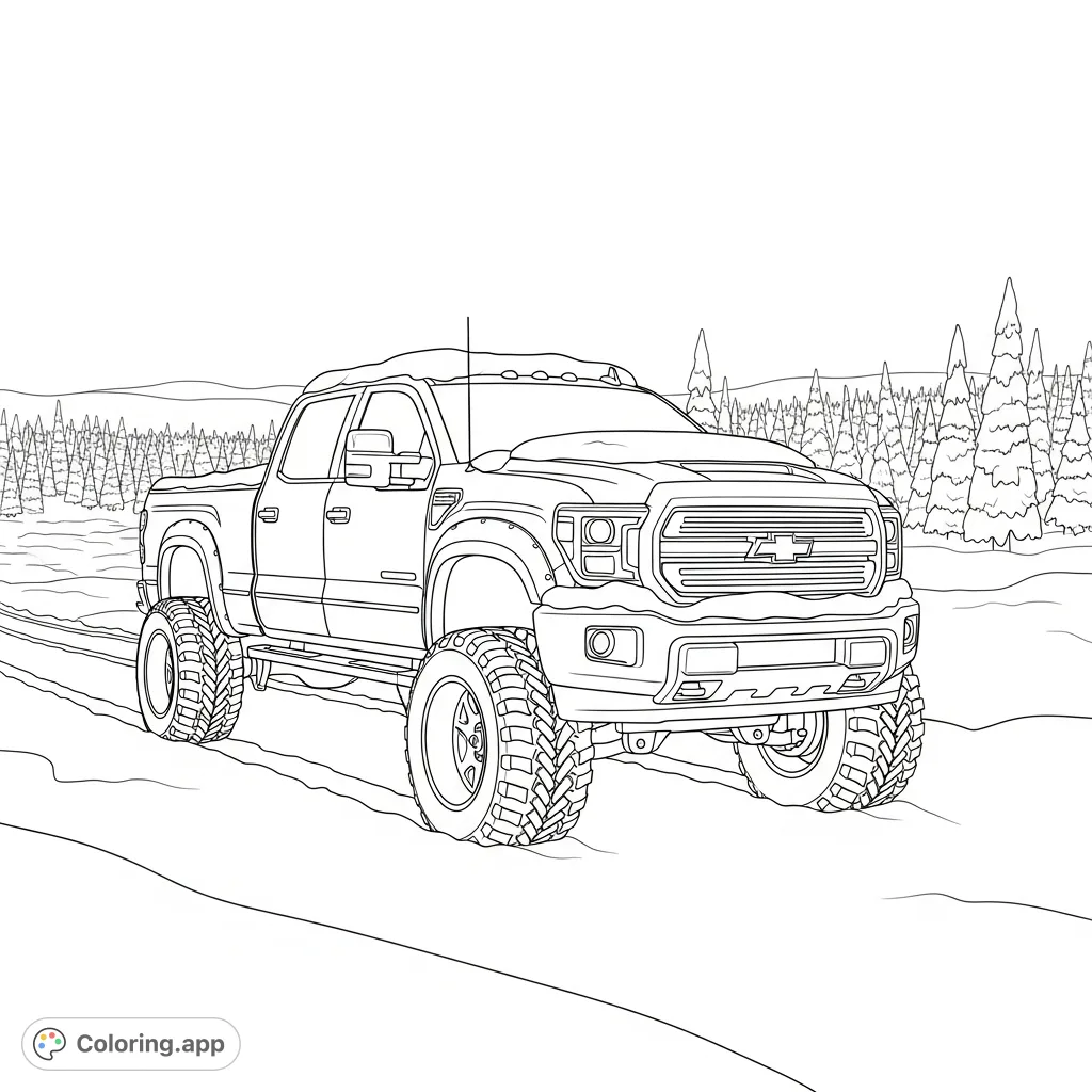 A powerful pickup truck with massive off-road wheels navigates a serene, snow-covered landscape. A thrilling snowy big wheels pickup truck coloring page.